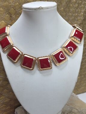 Vibtage Gold & Red Enamel Square Link Necklace - Women Jewelry